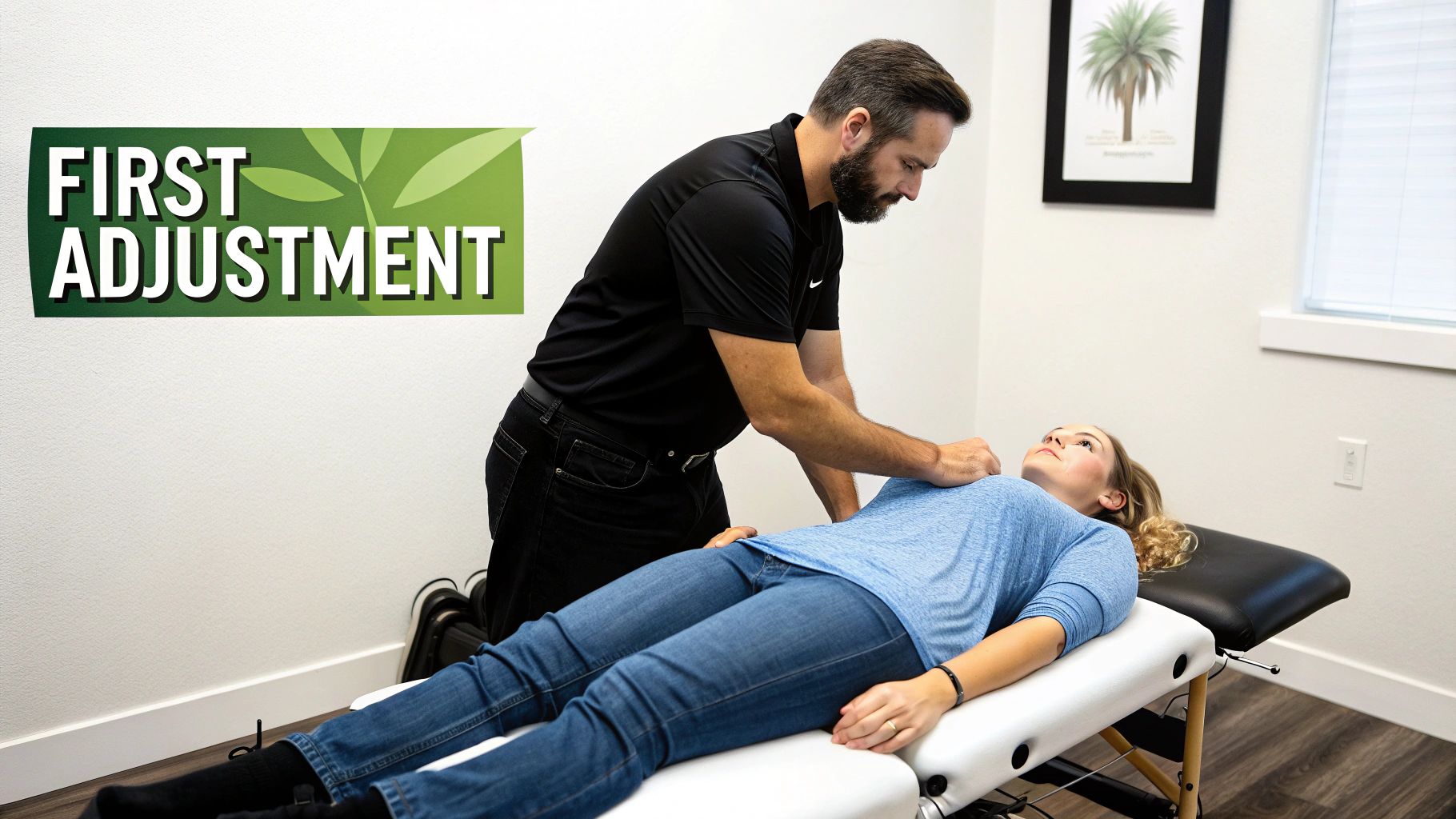 Chiropractic adjustment in progress: chiropractor adjusting patient on treatment table ("First Adjustment" clinic photo)