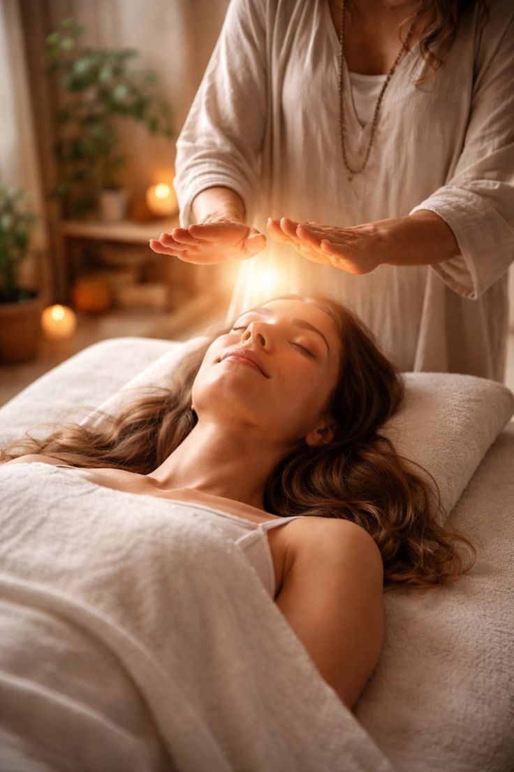 Reiki session in progress: practitioner hands hovering over client's head, warm candlelit room